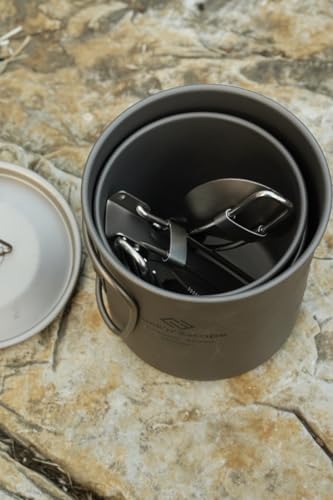 COOK'N'ESCAPE Titanium Mug Set (300ml + 450ml), Lightweight, Stackable, with Lid, Folding Handle, Open-Face Safe, Unpainted, Camping Cup, Outdoor Cup,