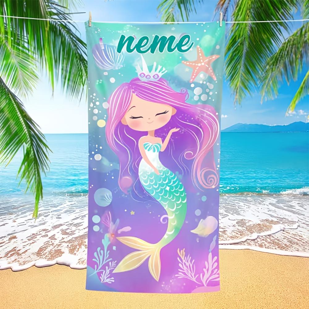 1pc Personalized Mermaid Beach Towel, Cute Underwater Princess Quick Dry Bath Towel for Kids Summer Beach Pool Vacation
