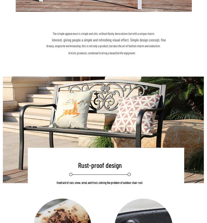 Wrought Iron Outdoor Double Bench with Backrest for Patio or Balcony