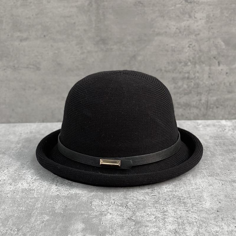 College Style Woven Small Belt Decoration Crimped Basin Hat Women'S British Retro Small Round Hat Fashion Basin Hat