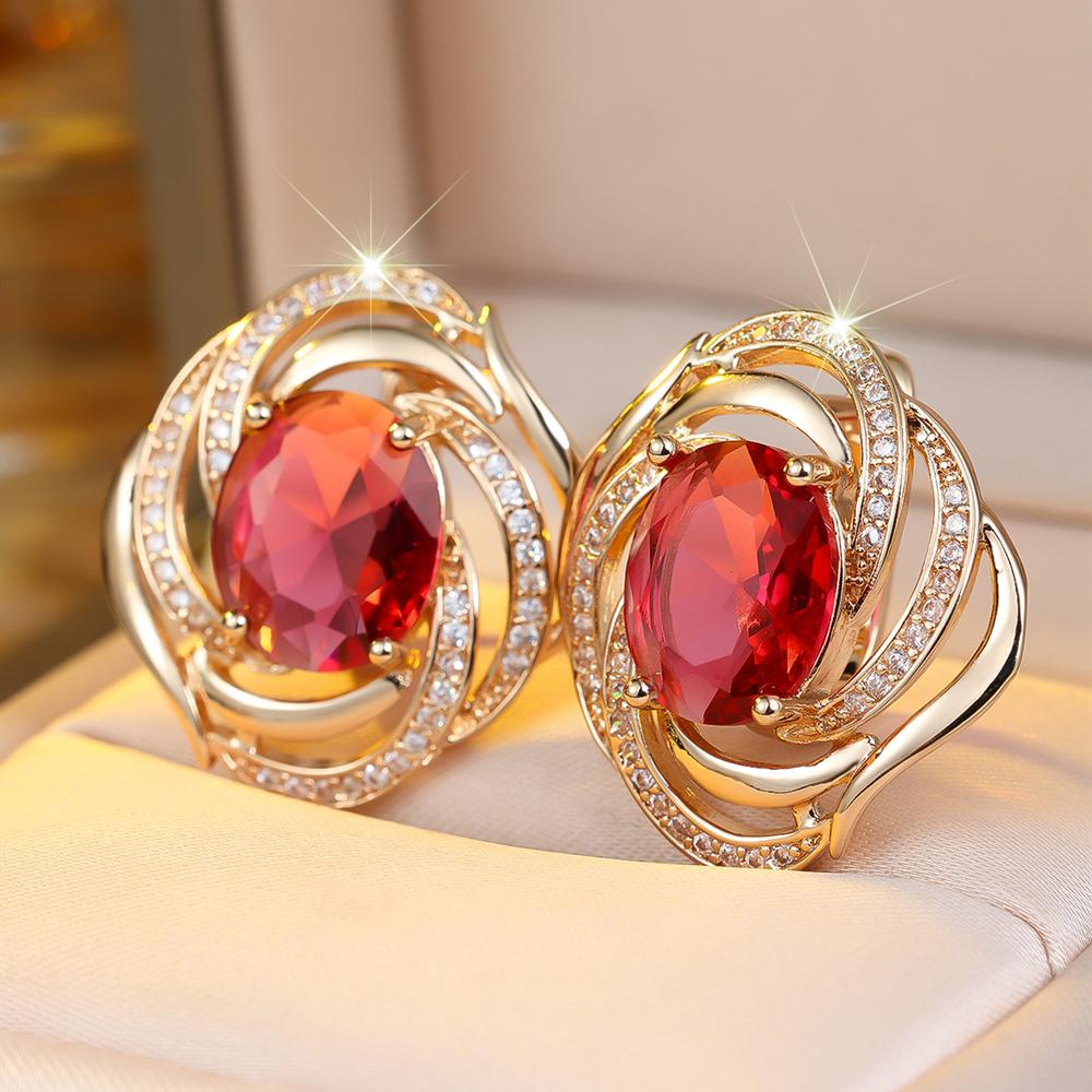 Luxury Oval Cut Rose Red Zircon Drop Earrings for Women Wedding Party Jewelry Gifts