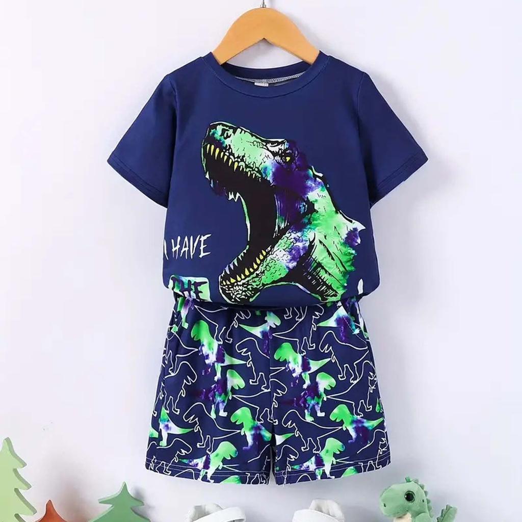 Boys Cartoon Dinosaur Short Sleeve T Shirt and Camouflage Shorts Set Summer Casual Outfit Lightweight Comfortable Fabric