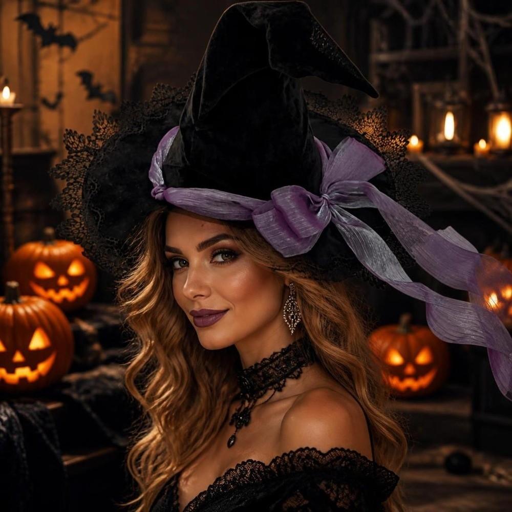 Lace Trim Wizard Hat Bandage Bow Lolita Bucket Hat New Witch Pointed Hat  Halloween Party