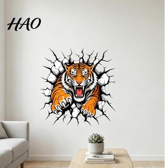 Cool Bedroom Wall Decorations 3D Tiger Stickers, Peel And Stick Roaring Decals, Removable PVC Decals Art Mural Decor, Realistic Cracked Sticker