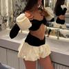 European and American Sexy Crop Top Flare Sleeve Tops Contrast Color Tutu Skirt Suit Top and Short Skirt Set