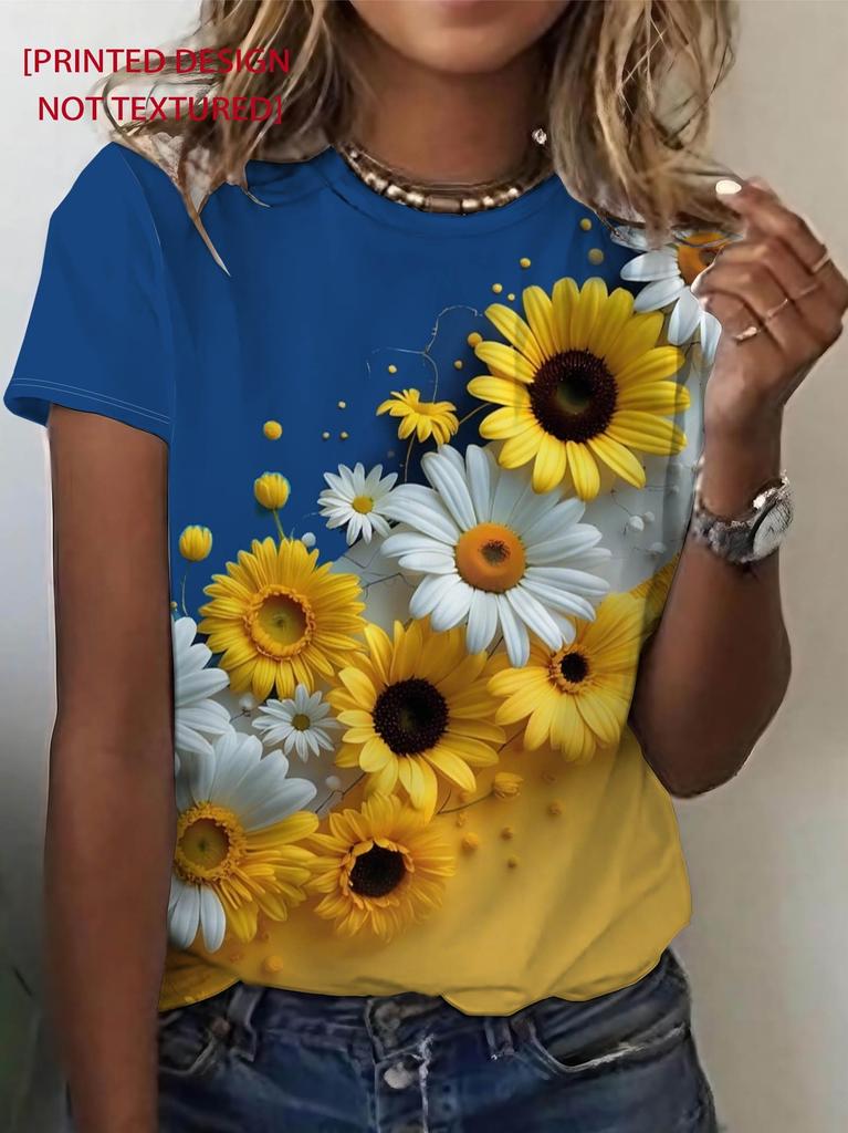 Women's Tee - Sunflower & Daisy Bouquet Graphic, Bright Floral Print Design for Casual Daily Wear