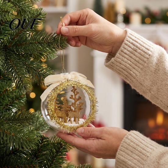 Winter Fairy Tale Hanging Decor Opening Christmas Ball Ornament with Bow, Tree Reindeer Snow Scene Micro Landscape Inside Clear Ball, Xmas Sphere