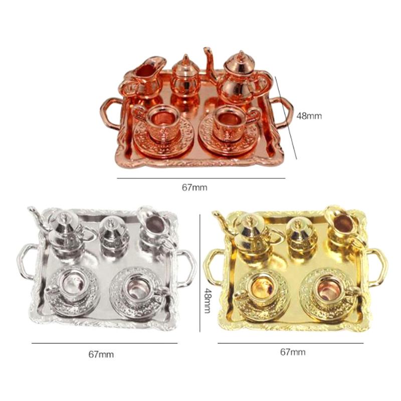 8Pcs/Set Dollhouse Miniature Square Plate Metal Wine And Tea Set
