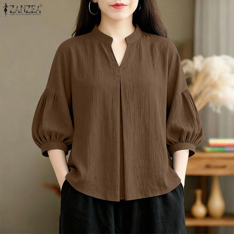 ZANZEA Women Casual V-Neck Solid Color 3/4 Sleeve Loose Blouse