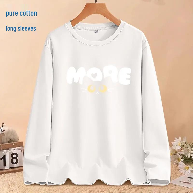 Women's 100% Pure Cotton Long-Sleeve Korean Style Loose T-Shirt - Round Neck, Perfect for Spring and Autumn, Unisex.