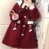 Winter Kawaii Red Wool Coats Women Loose Japanese Sweet Lolita Outwear Jacket Female Korean Style Pockets Warm Bow Overcoat