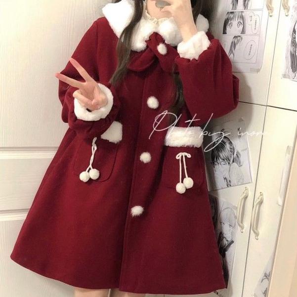 Winter Kawaii Red Wool Coats Women Loose Japanese Sweet Lolita Outwear Jacket Female Korean Style Pockets Warm Bow Overcoat