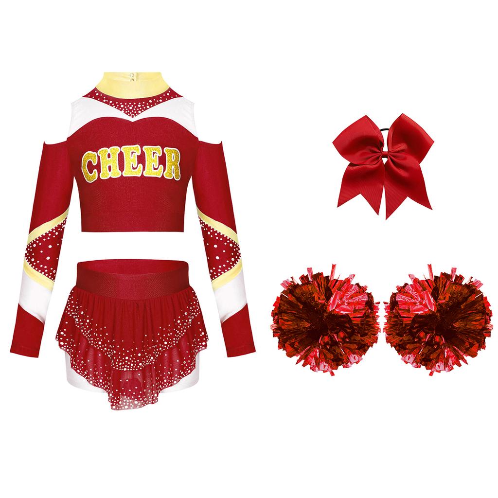 Dívčí cheerleadingová sada Odhalená ramena Dlouhý rukáv Zadní výstřih Klíčová dírka Barevný blok Potisk písmen Zkrácený top Kamínky Sukně Mašle Čelenka Pompony