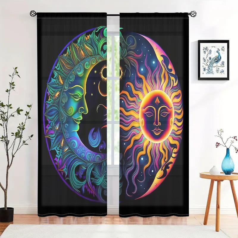 2 Pieces, Semi Transparent Curtains with Sun and Moon Patterns - Easy To Hang - Used for Living Room, Bedroom, Home Decoration