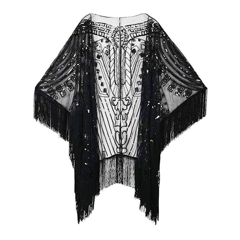 1920s-Inspired Sequin Tassel Evening Gown with Shawl One Size