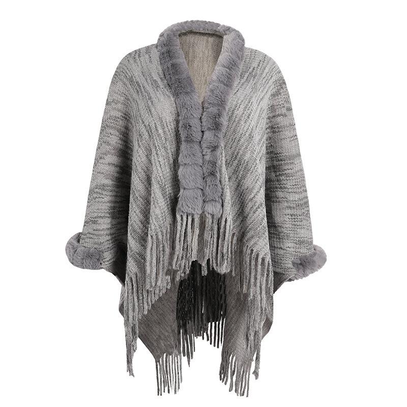 Warm Fur Collar Knitted Shawl Cardigan Cape Shawl Polyester Plus Size Women'S Shawl