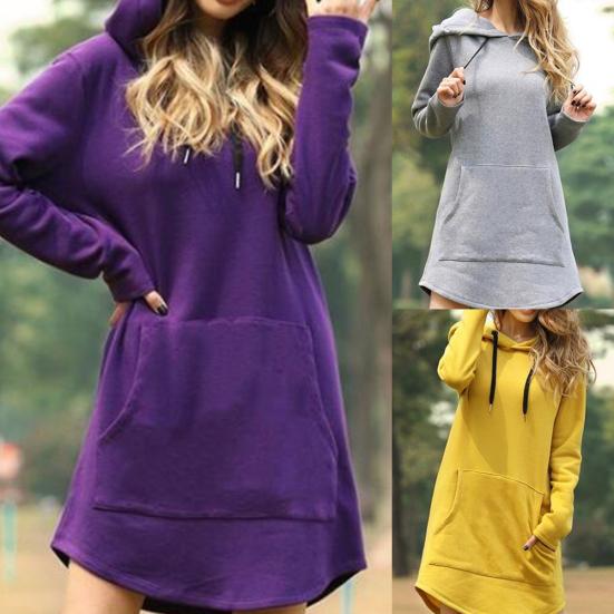 Plus Size Women Casual Long Sleeve Pocket Drawstring Loose Hoodie Mini Dress