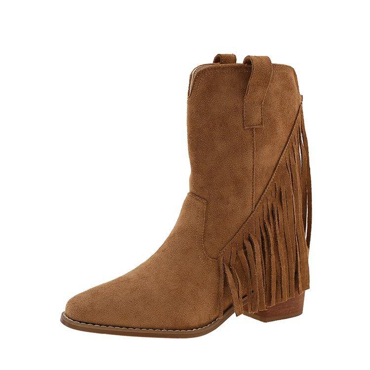 

Ретро бахрома ковбойские сапоги женские 2025 весна и осень новые уличные Синьцзян платформа короткие сапоги острый носок пустошь ветер локомотив сапоги 40 коричневый