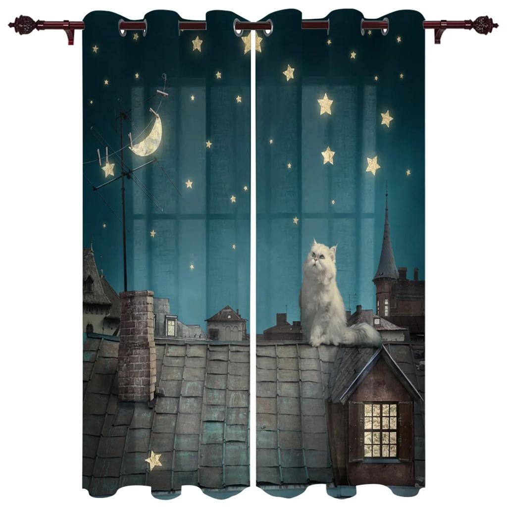 Cat Roof Kitten Night Moon Stars Curtains for Bedroom Living Room Drapes Kitchen Children's Room Window Curtain Home Decor