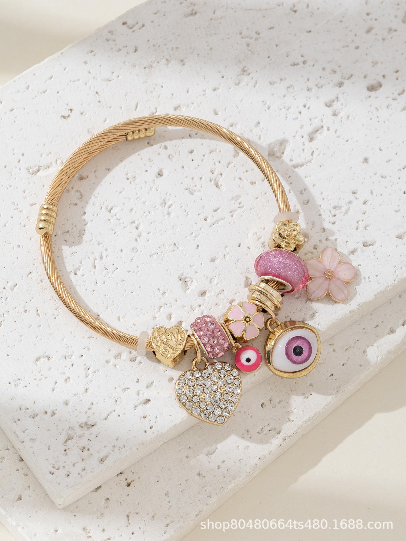 DIY Beaded Bracelet with Evil Eye Pink Crystal Rhinestone Heart Flower Charm Fashion Jewelry