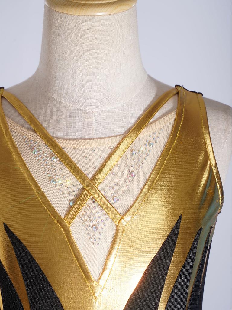 Girls Gymnastics Figure Skating Dress: Sleeveless Cross Front Mesh Patchwork Sparkling Rhinestone Color Block with Built-in Briefs