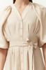 Women's Fashion Linen Look Woven Shirt Dress with Stone Belt and Half Balloon Sleeves