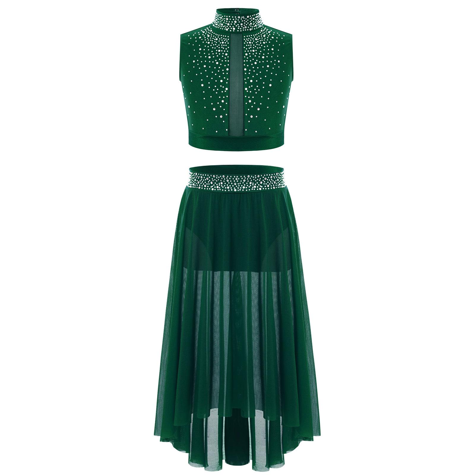 

Girls Dance Set Mock Neck Crop Top Keyhole Back Design Shiny Rhinestones with High Low Mesh Skirt 5-6 Years зелений