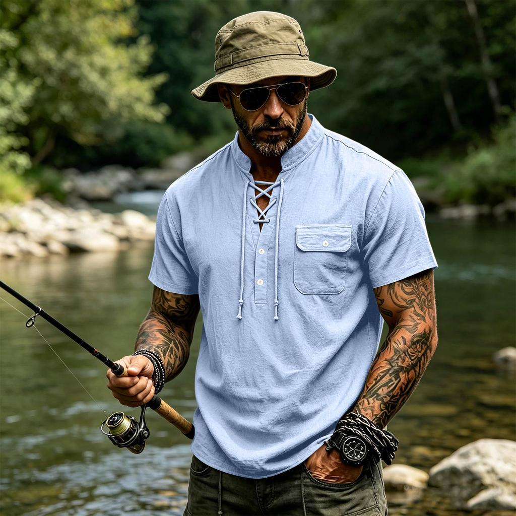Herren Leinen Kurzarmhemd mit Kordelzug Lässig Retro Sommer Oberteil