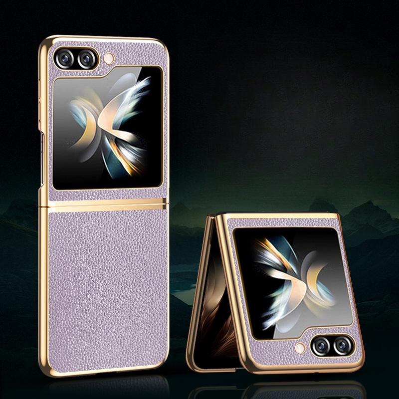 

Подходит для чехла для мобильного телефона Samsung Zflip5, складной кожаный гальванический 5-го поколения, с рисунком личи, откидной чехол для Flip4, противоударный, с полной защитой Samsung Zflip5