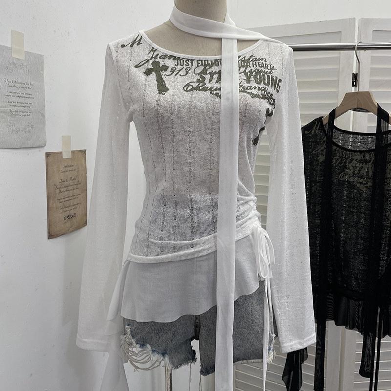 

VAYLA Гранж Эстетика Вязаные Топы Трэшовый Y2k Принт Граффити Футболка Винтаж Панк Необычный Пэчворк Трикотаж Хай Стрит ONE SIZE белый