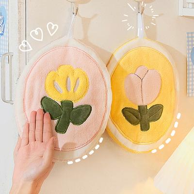 INS Flower Tulips Hand Towel Absorbent Hanging Towels Soft Coral Fleece for Bathroom Kitchen Double-thickness Kids Hand Towels