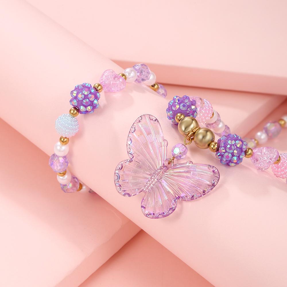 New Girl's Collarbone Necklace Princess Zircon Color Crystal Zircon Butterfly Children's Necklace Bracelet suit