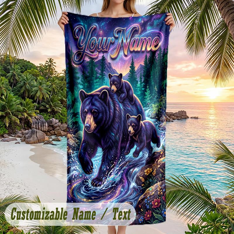 Teddy Bear Theme Beach Towel Personalized Custom Name & Text Soft Quick Dry Beach Towel for Swimming Travel