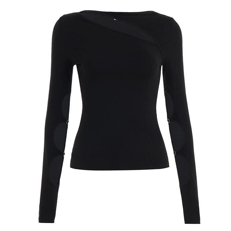 Summer New Style Hollow Design Long-sleeved T-shirt Simple Black Irregular Top for Women