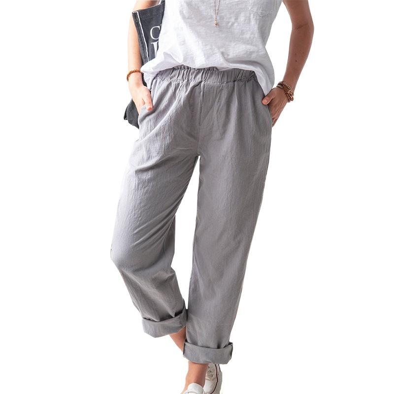 Women New Summer Cotton Linen Pants Solid Color Casual Stretch High-waist Straight-leg Pants