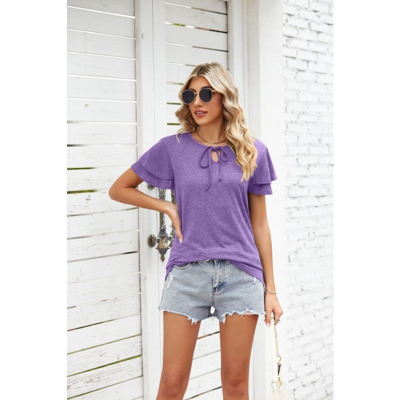 YYFS Damenmode, lässig, Sommer, Frühling, einfarbig, bedruckt, kurzärmelig, V-Ausschnitt, Blusen und Hemden