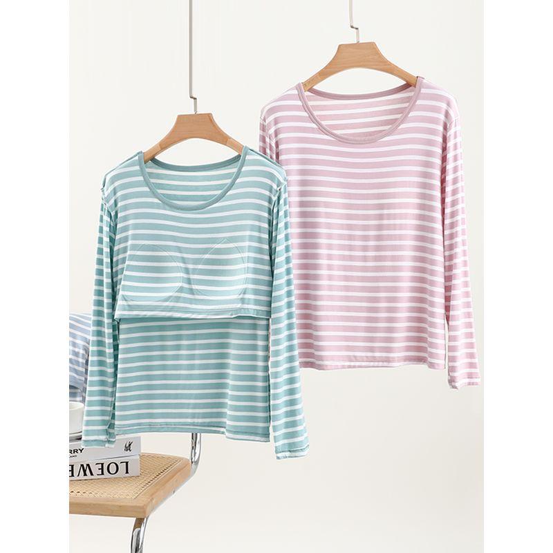 Chest Pad Modal round Neck Bottoming Shirt Women Plus size Slimming Bra-Free Stripe Pajamas Loose Long sleeve Casual Top