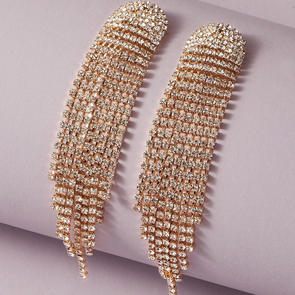 European and American Diamond-encrusted Metal Long Fringed Earrings Women's High-end Studs, Niche Temperament Earrings