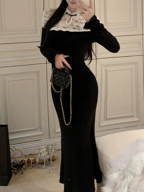 Elegant Lace Splicing Fishtail Qipao: Autumn/Winter Slim Hip-Hugging Long Dress for Women