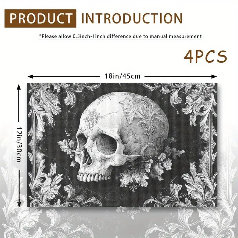 Four Elegant Gothic Skull Placemats Featuring Floral Designs - 12.0X18.0 Inch, Washable Polyester, Perfect for Table Decoration, Festive Parties, And