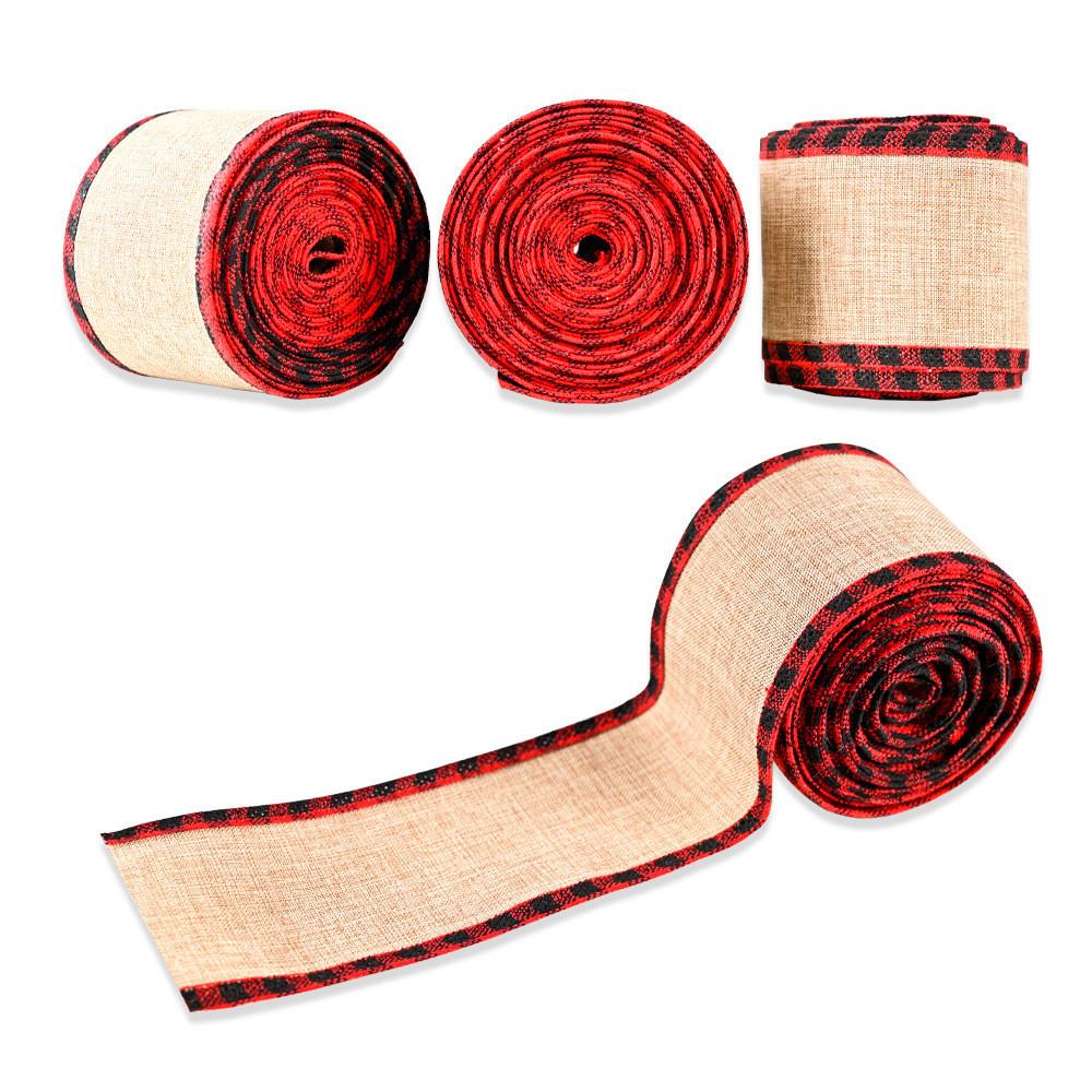 Christmas Holiday Gift Wrapping Ribbon With Red Black Plaid Faux Linen For Festive Decorations