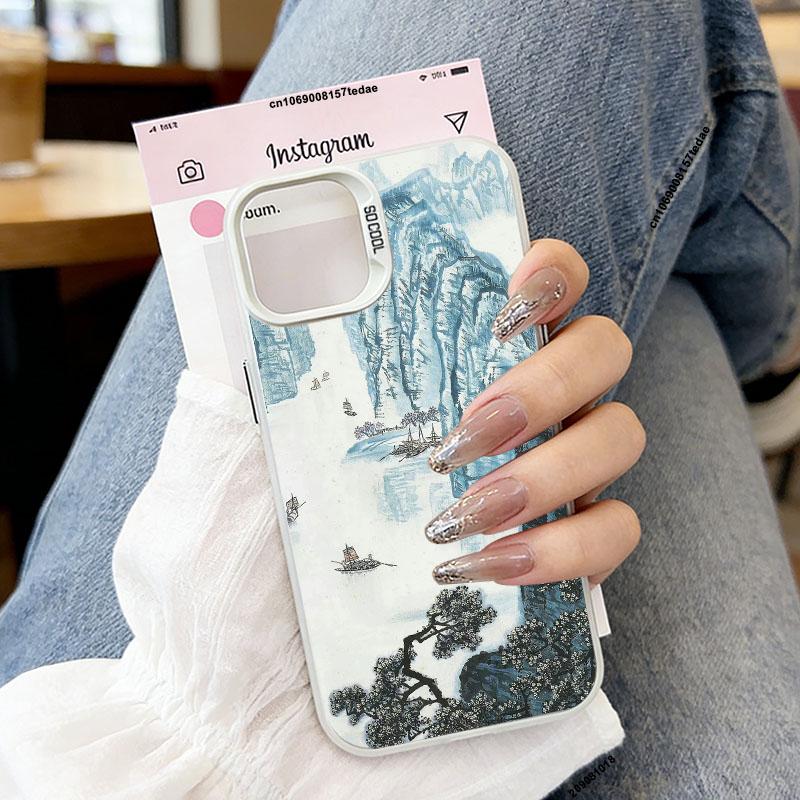 Aesthetic Art Chinese Style Phone Case For iPhone 17 Pro 15 17 Air 16 14 Plus 13 12 11 Pro Max Words Mountain Lotus IMD Cover