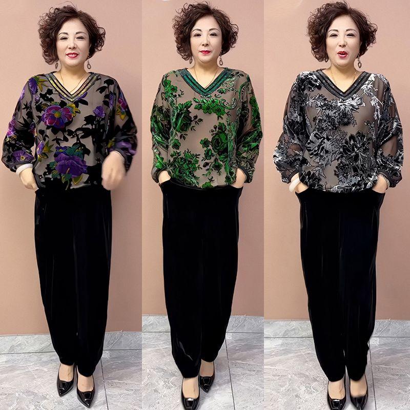 2PCS Pants Suts Spring Summer High-end Women's Velvet Plus-Size Silk Blouse Velvet Pants Two-Piece Set Loose Flocked Printed Blouse Velvet Pants Set
