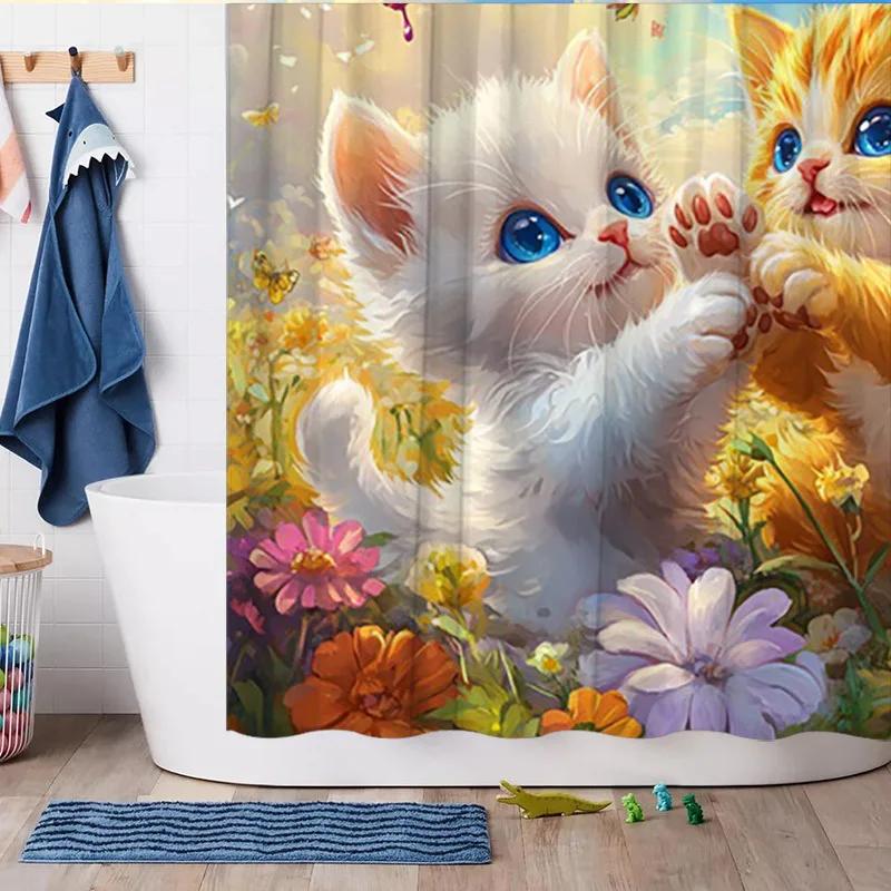 

Whimsical White Cat in a Garden Shower Curtain - Water-Resistant, Easy to Clean, Adds a Touch of Charm and Nature to Your W90xH180cm