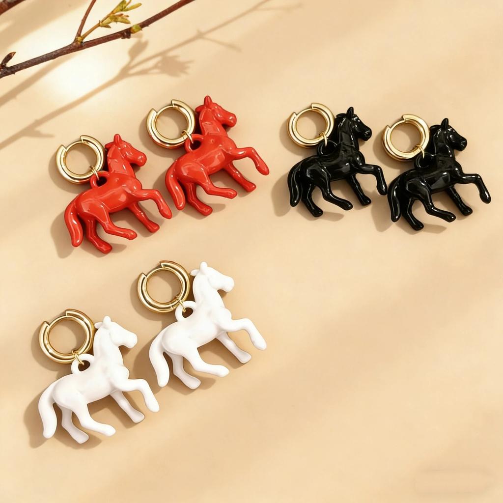 Gold Tone Hoop Earrings with Red Horse Charm Pendant for Women Fashion Style