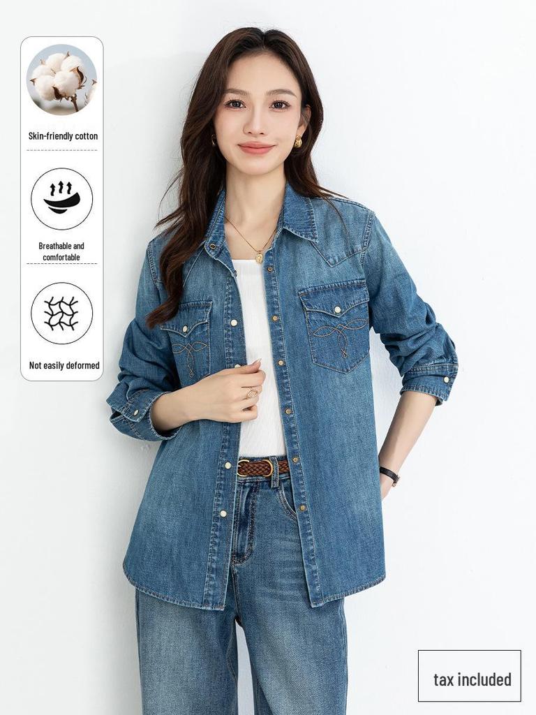 Yi Fei Women's Loose Casual Denim Shirt, Slimming Versatile Long Sleeve Retro Jacket - 2026 Spring Collection