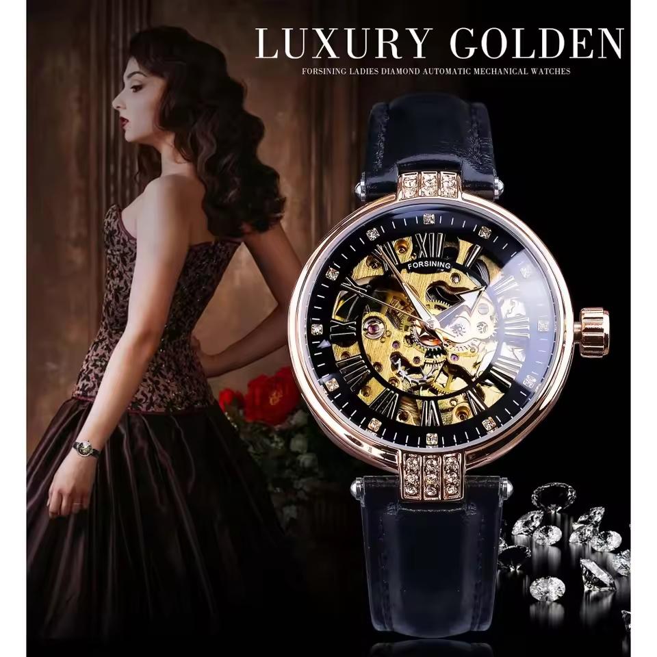 Für Forsining Damen Luxus Gold Skelett Armbanduhr Leuchtende Funktion 18mm Bandbreite Ovales Gehäuse Zeiger für Leder Kleid Mädchen