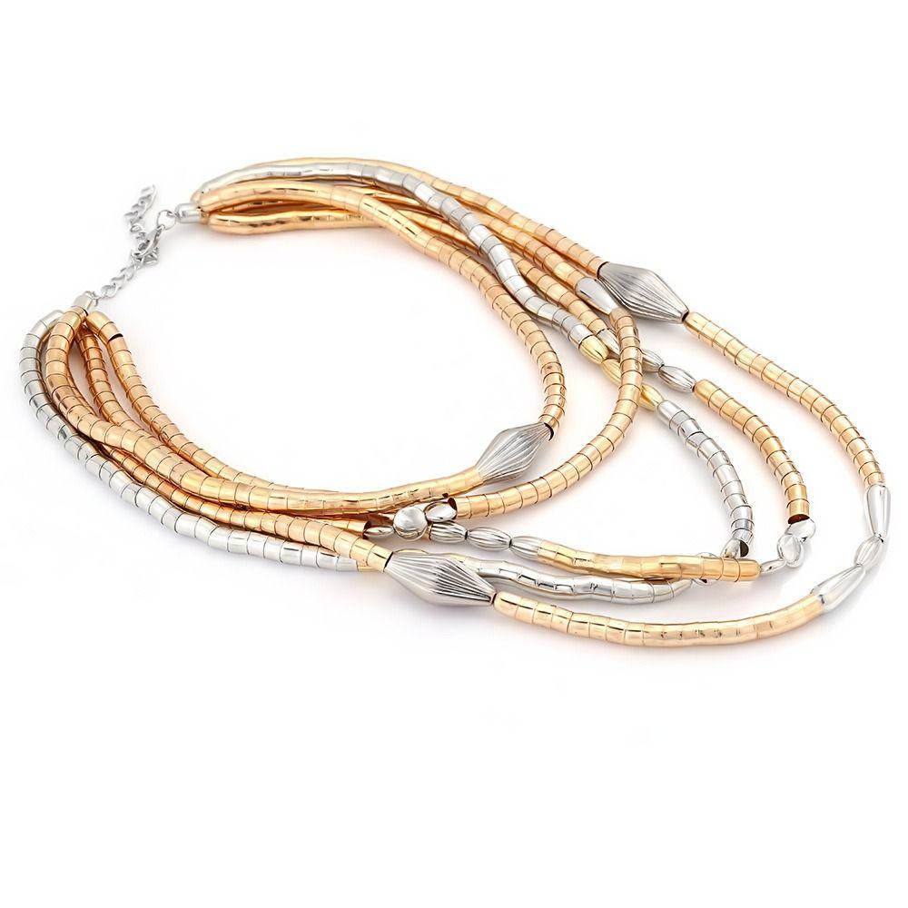 Layered Beads Necklace Bracelet Set Metal Chain Elastic Bracelet Bohemian Collarbone Chain  Girls