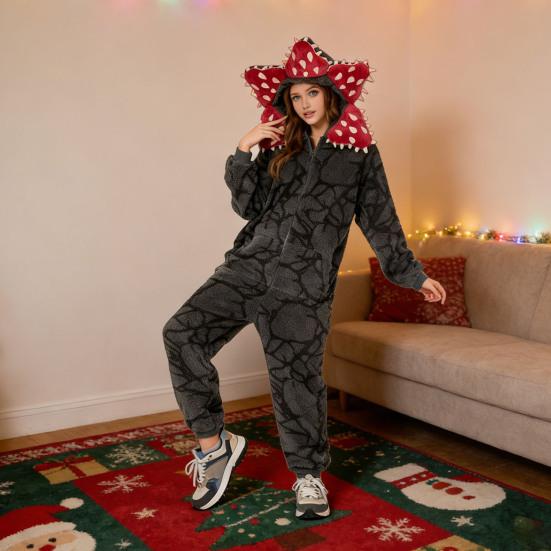 Yousheng Winter Unisex Fleischfressende Blume Einteiler Pyjama Flanell Einteiler Nachtwäsche Langarm Kapuze Weihnachten PJs Loungewear