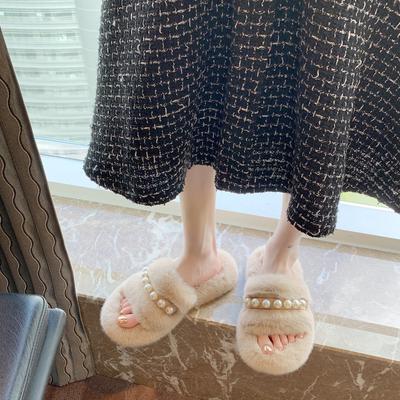 Pearl Fluffy Slippers Women's 2025 Autumn and Winter New Fashion Outer Wear Thick-bottomed Korean Version of Household Summer Cotton Slippers